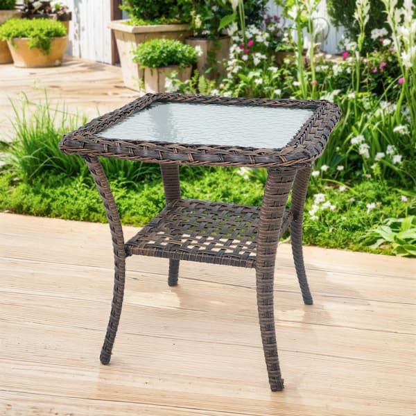 SleekArm Brown Square Wicker Outdoor Side Table with Tempered Glass Top