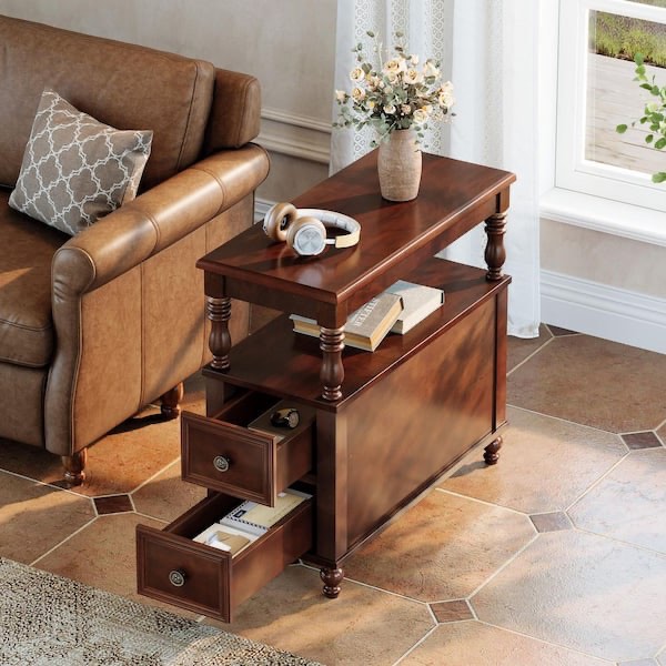 Kerlin 23.6 in. Brown Rectangle Solid Wood End Table Side Table with 2 Drawers for Living Room