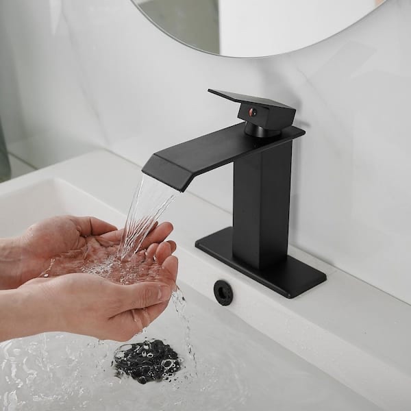 Waterfall Single Hole Single-Handle Low-Arc Bathroom Faucet With Pop-up Drain Assembly in Matte Black
