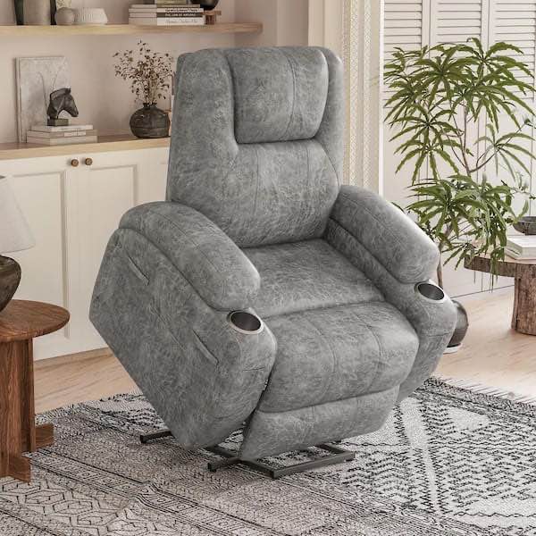 electric power lift recliner chair (leathaire) with massage for elderly, single sofa with 2 cup holders and side pockets 