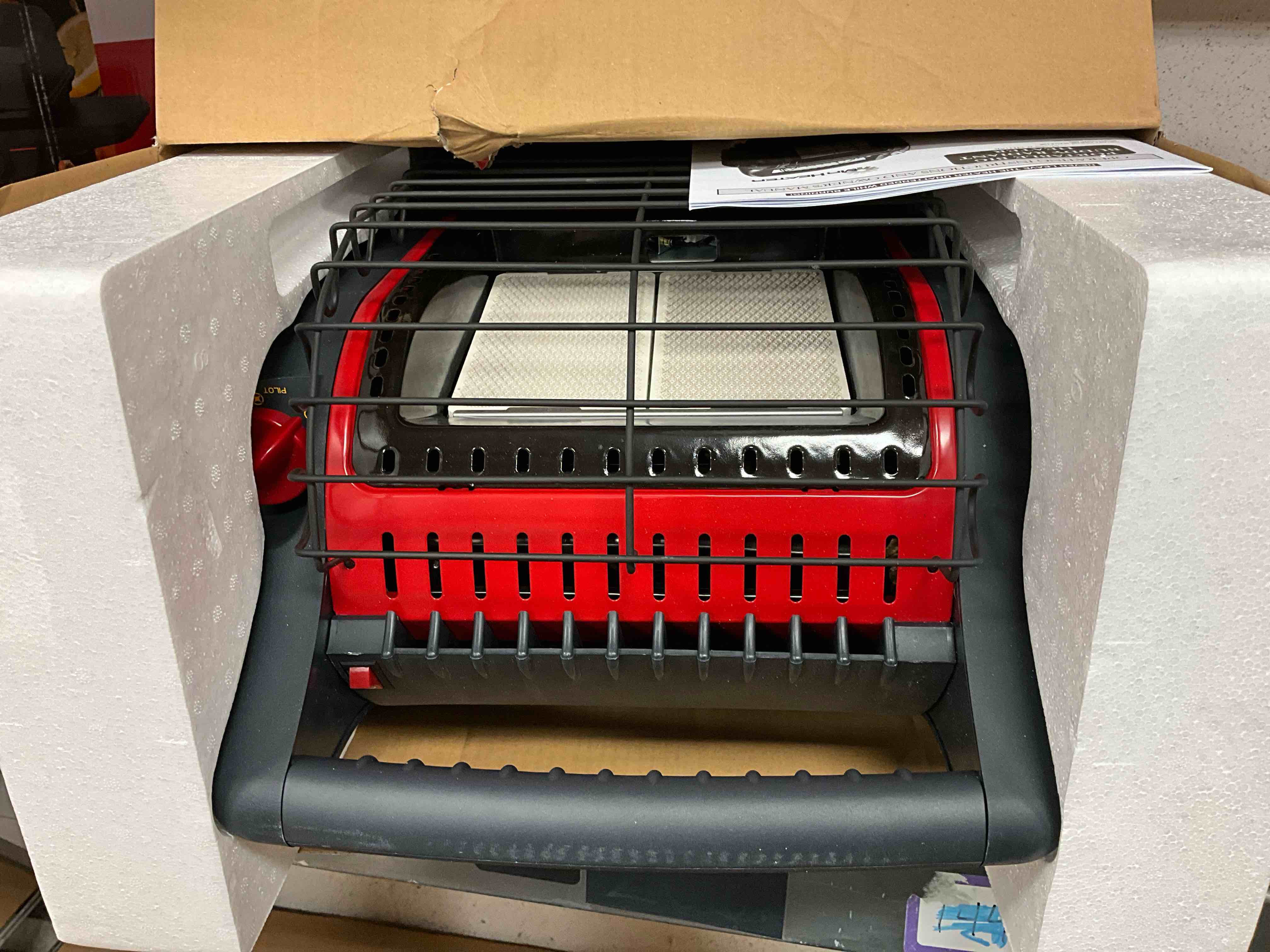 Condition photo showing New/Like New for Mr. Heater MH-F274800 Red Gas 3 Speed Swivel Garage Heater for 450 sq ft