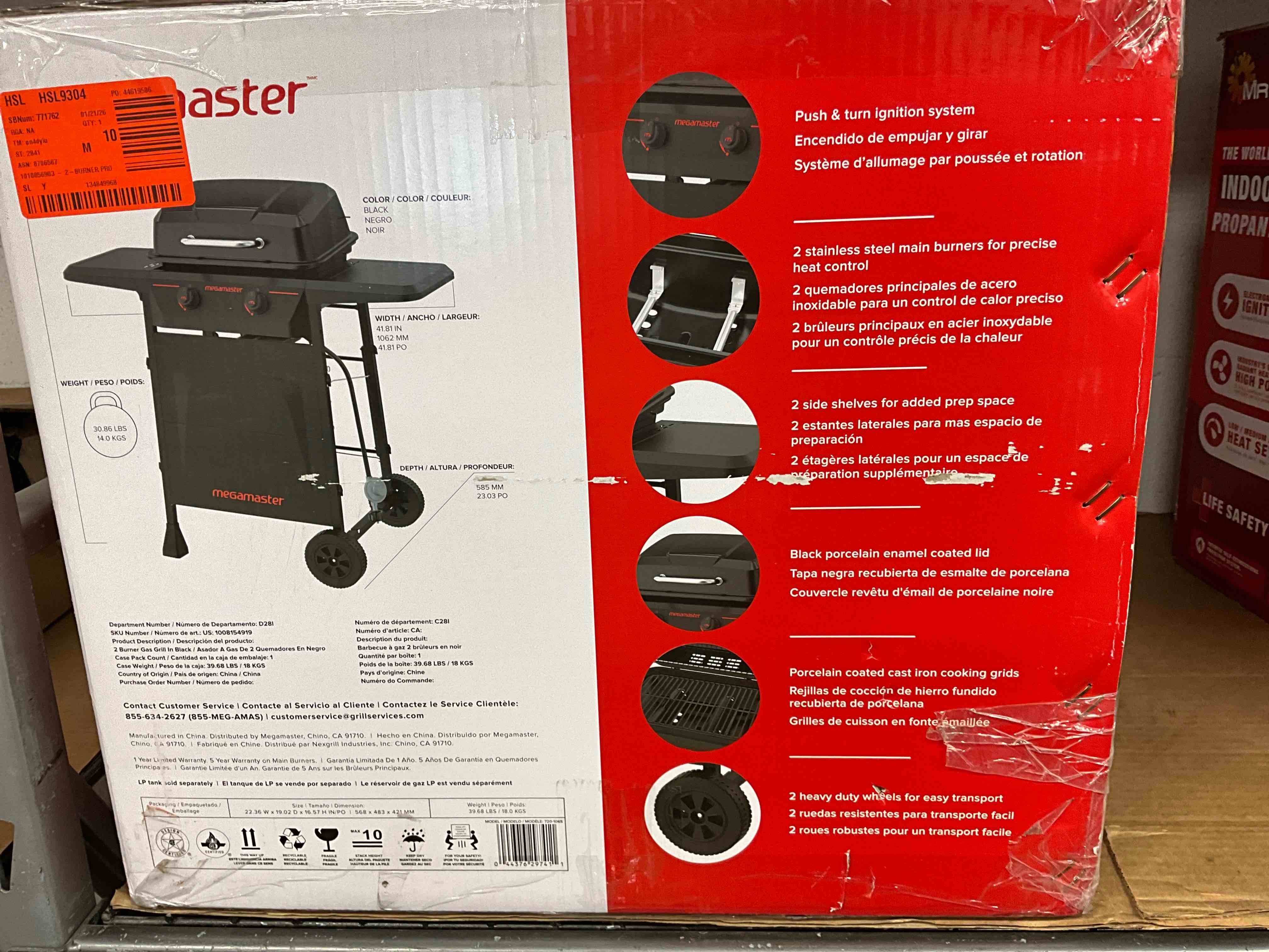 Condition photo showing New/Like New for Where box was crushed, the top rack grate is bent (pictured below). Megamaster 2-Burner Propane Gas Grill in Black