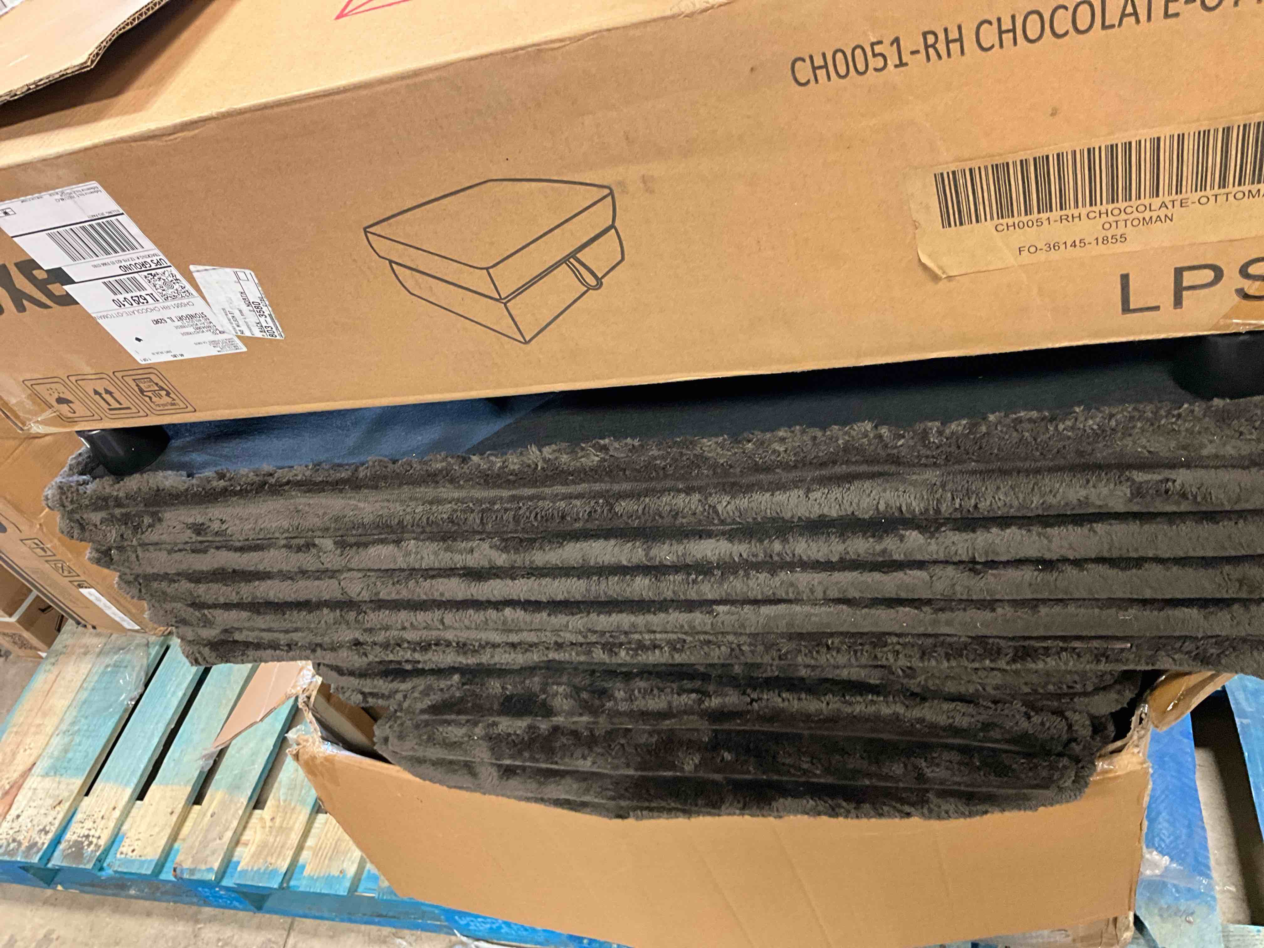 Condition photo showing As Is for Missing Parts. Chocolate faux rabbit fur polyester fabric upholstered accent arm chair with storage ottoman and plastic legs 