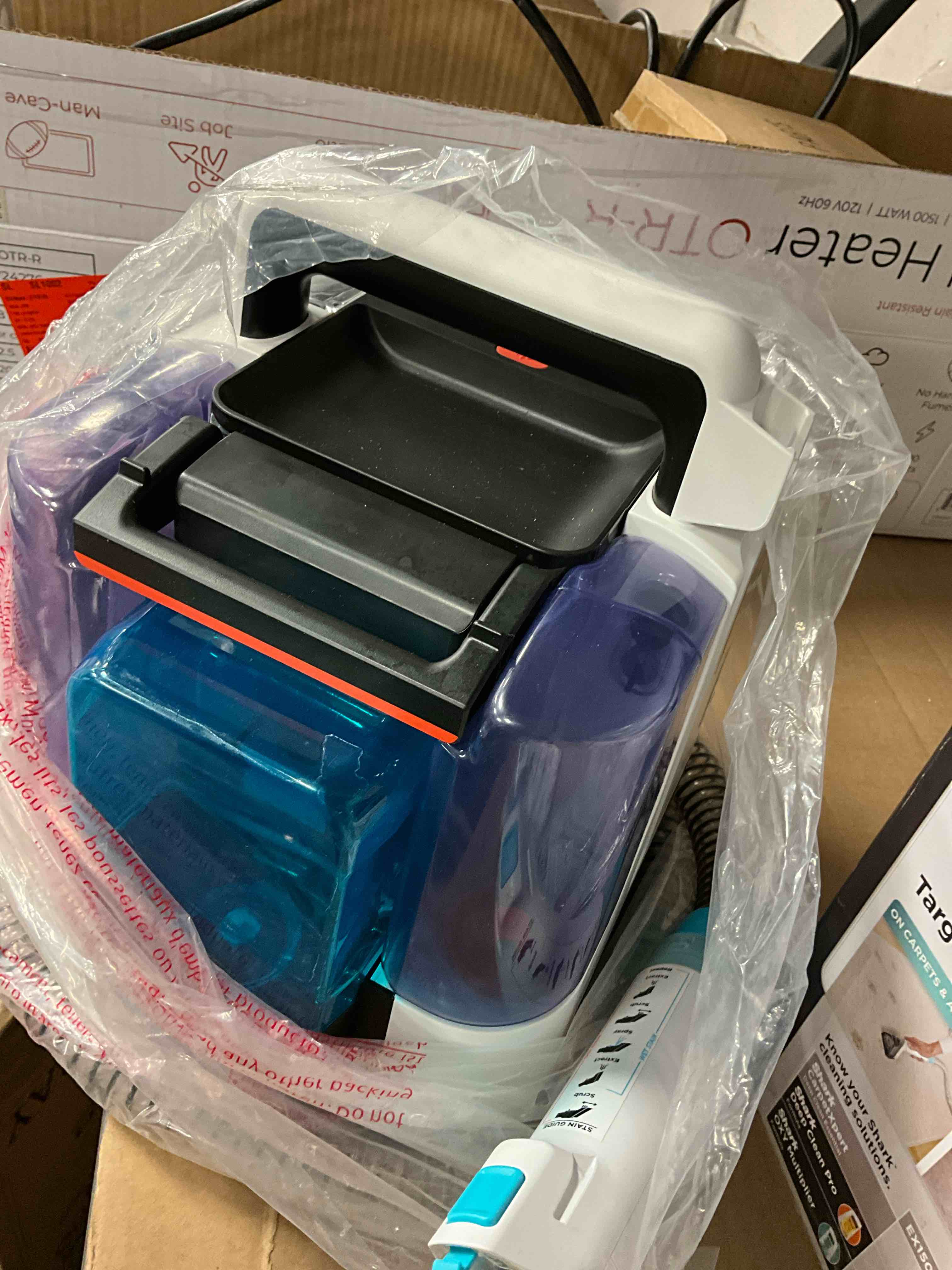 Condition photo showing Good Condition for Missing 1 cleaner bottle, Working Conditon Verified. Shark StainStriker Portable Carpet, Upholstery & Area Rug Cleaner with Pet Mess Tool, Stain & Odor Remover, Perfect for Car Interiors, Includes 3 Cleaning Tools & Cleaning Solution, White, PX201