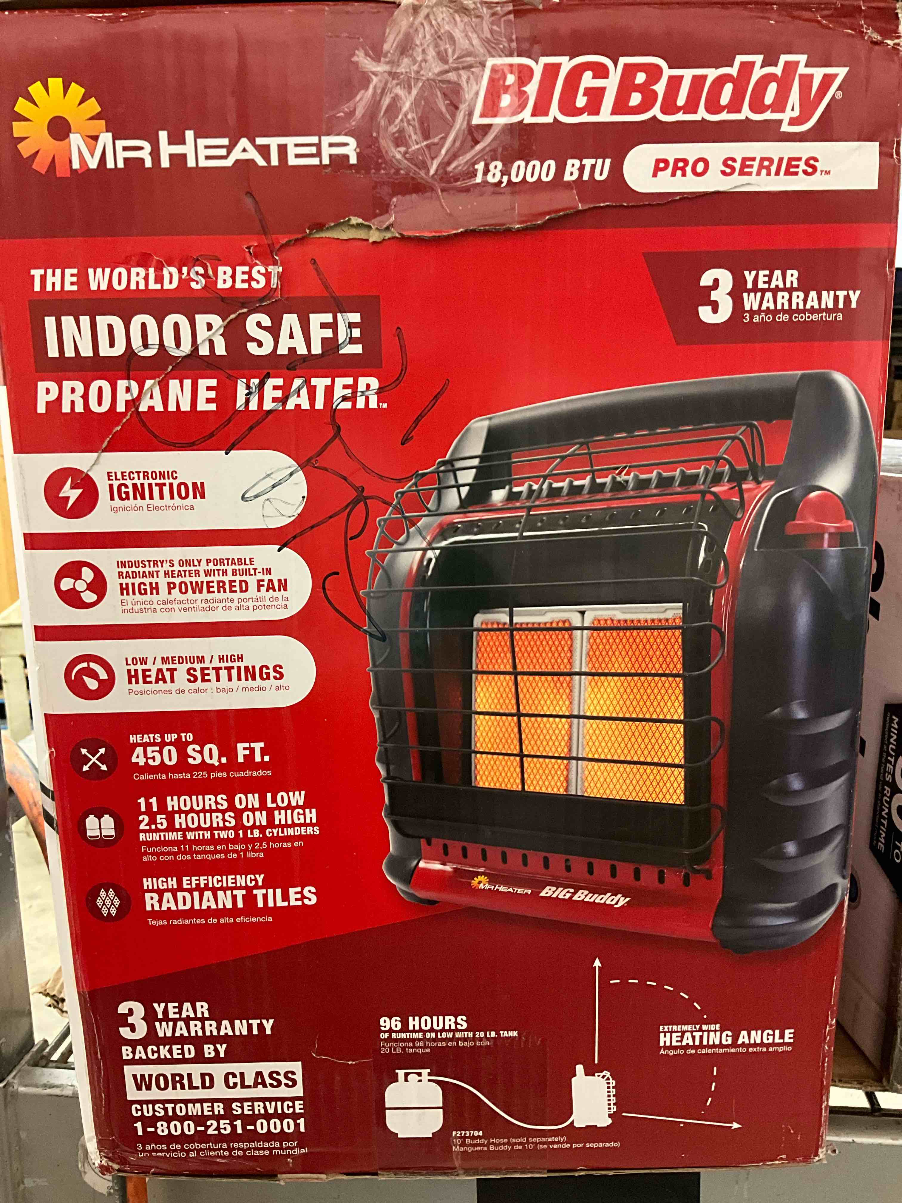 Condition photo showing New/Like New for Mr. Heater MH-F274800 Red Gas 3 Speed Swivel Garage Heater for 450 sq ft