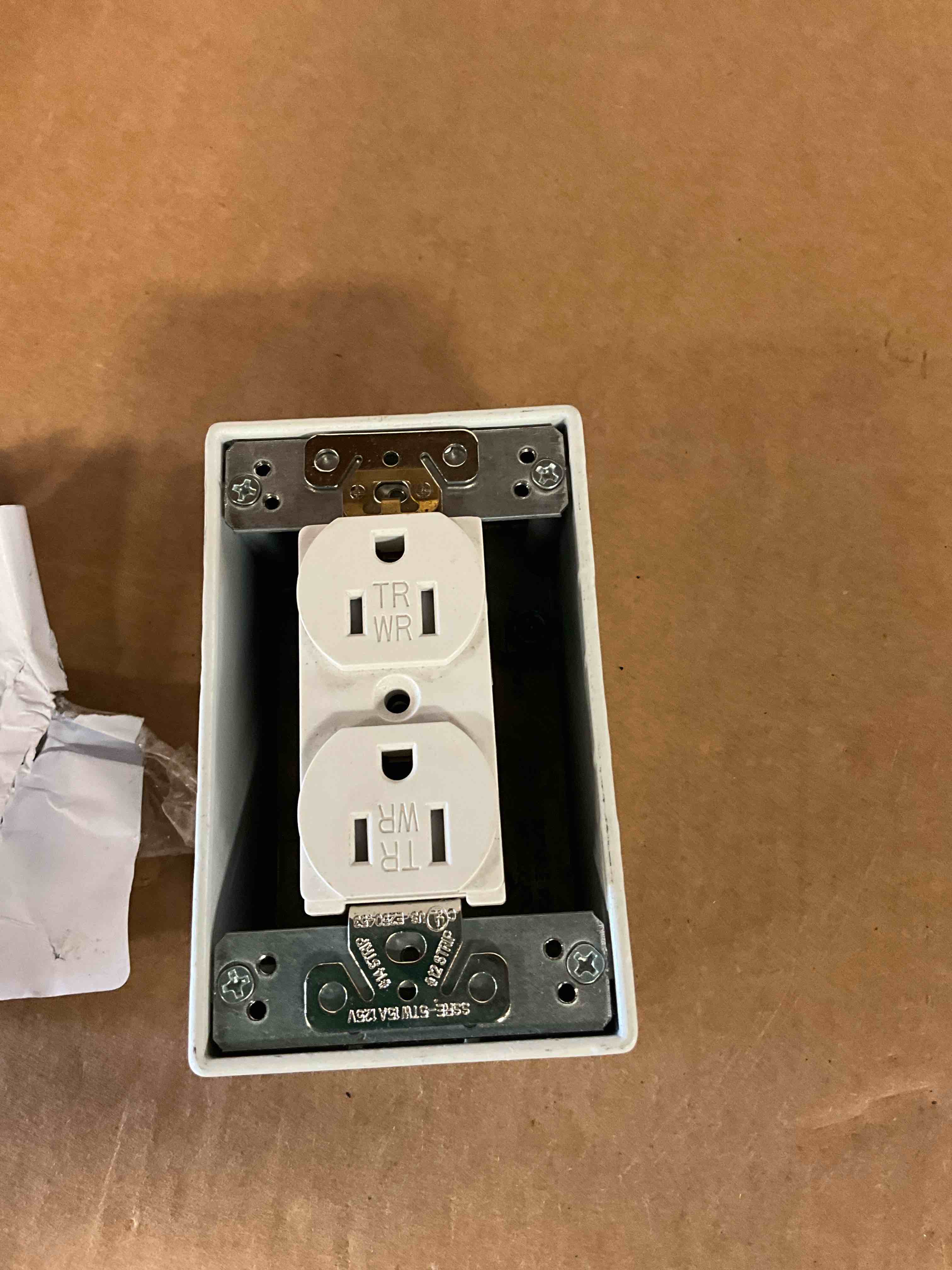 Condition photo showing Good Condition for Box and Receptacle only. 1-Gang Metal Weatherproof Electrical Box, Cover and GFCI Kit (24-in-1 Configurations), White
