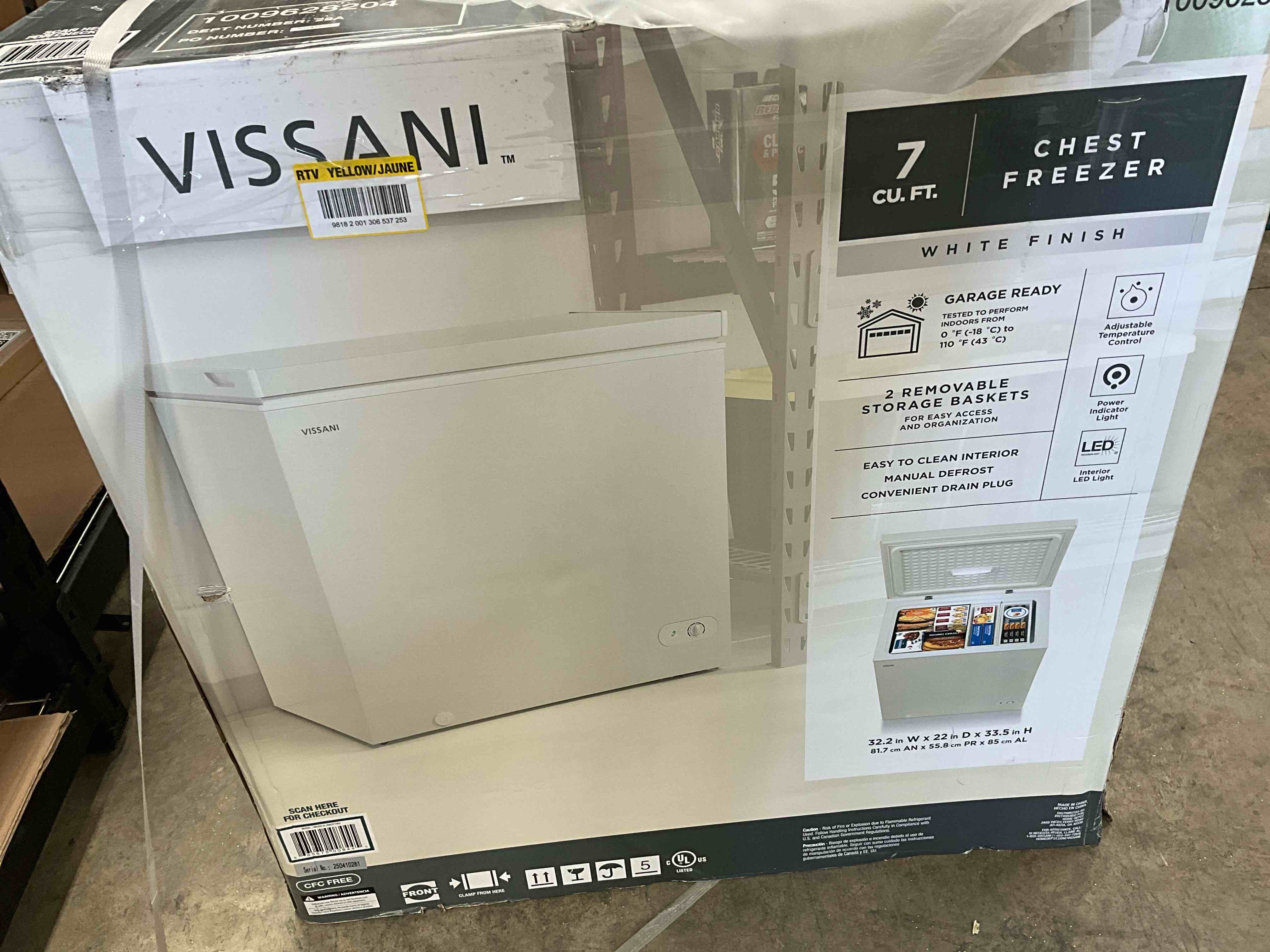 Condition photo showing Good Condition for Dented Access Panel. 7.0 cu. ft. Manual Defrost Chest Freezer with LED Light in White Garage Ready