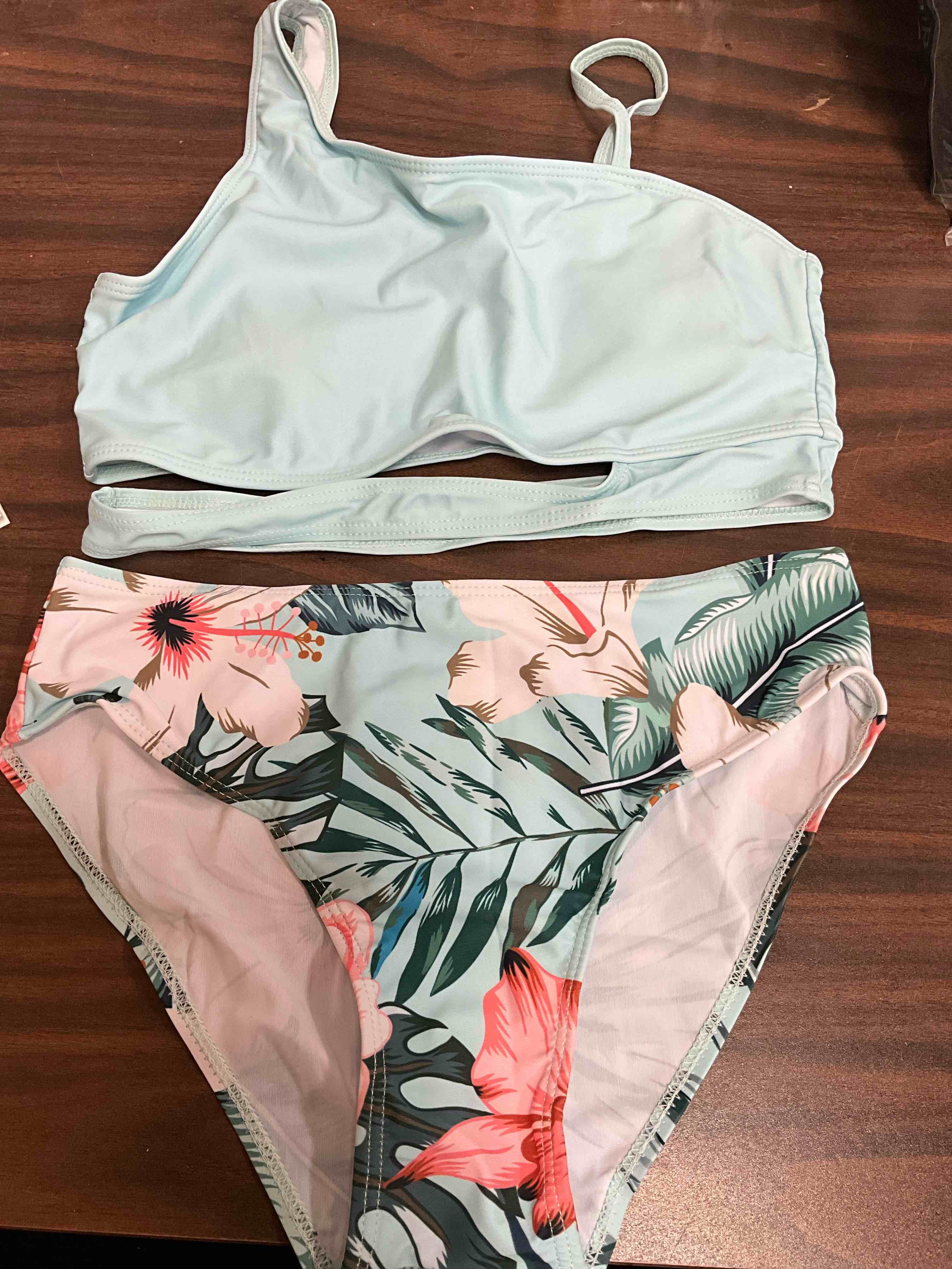 Condition photo showing New/Like New for queenstyle girls swimsuits bikini set kids cutout bathing suit bikini top two piece girls' swimwear 13-14 years blue plant