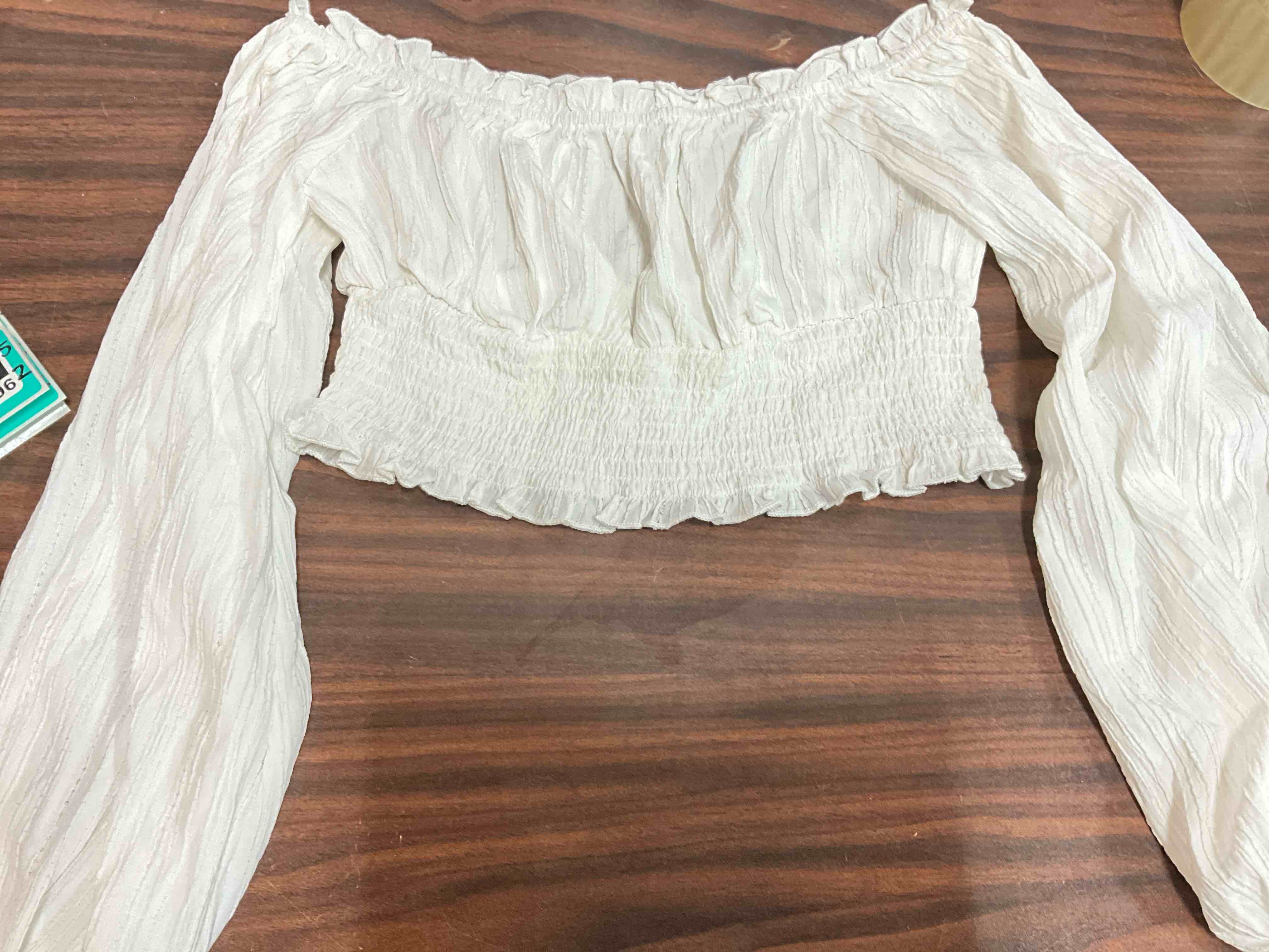 Condition photo showing Good Condition for x-small/small. women's blouse work office tops off shoulder lantern sleeve shirred hem blouse