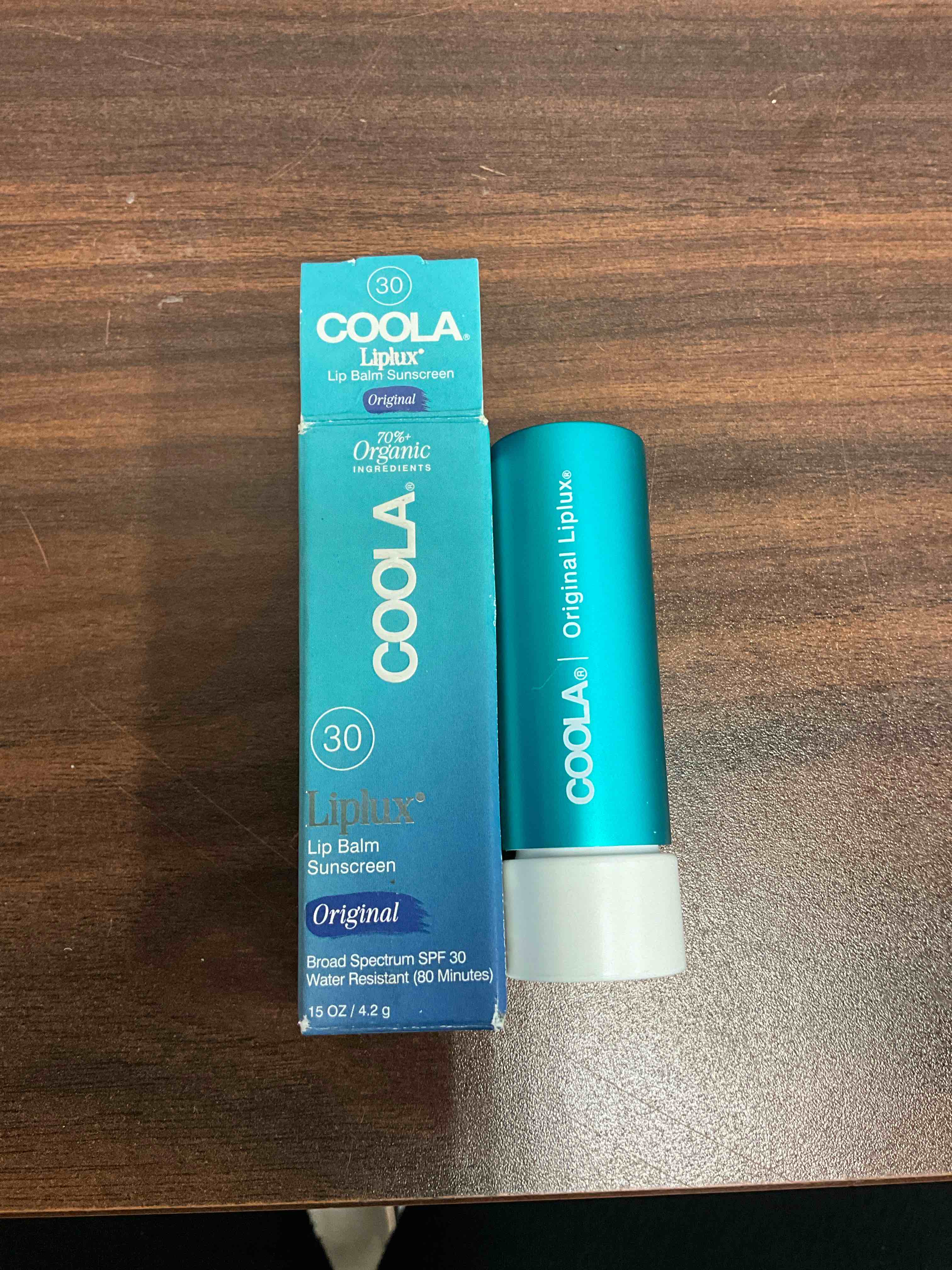 Condition photo showing New/Like New for coola organic liplux lip balm and sunscreen with spf 30, dermatologist tested lip care for daily protection, vegan and gluten free, 0.15 oz