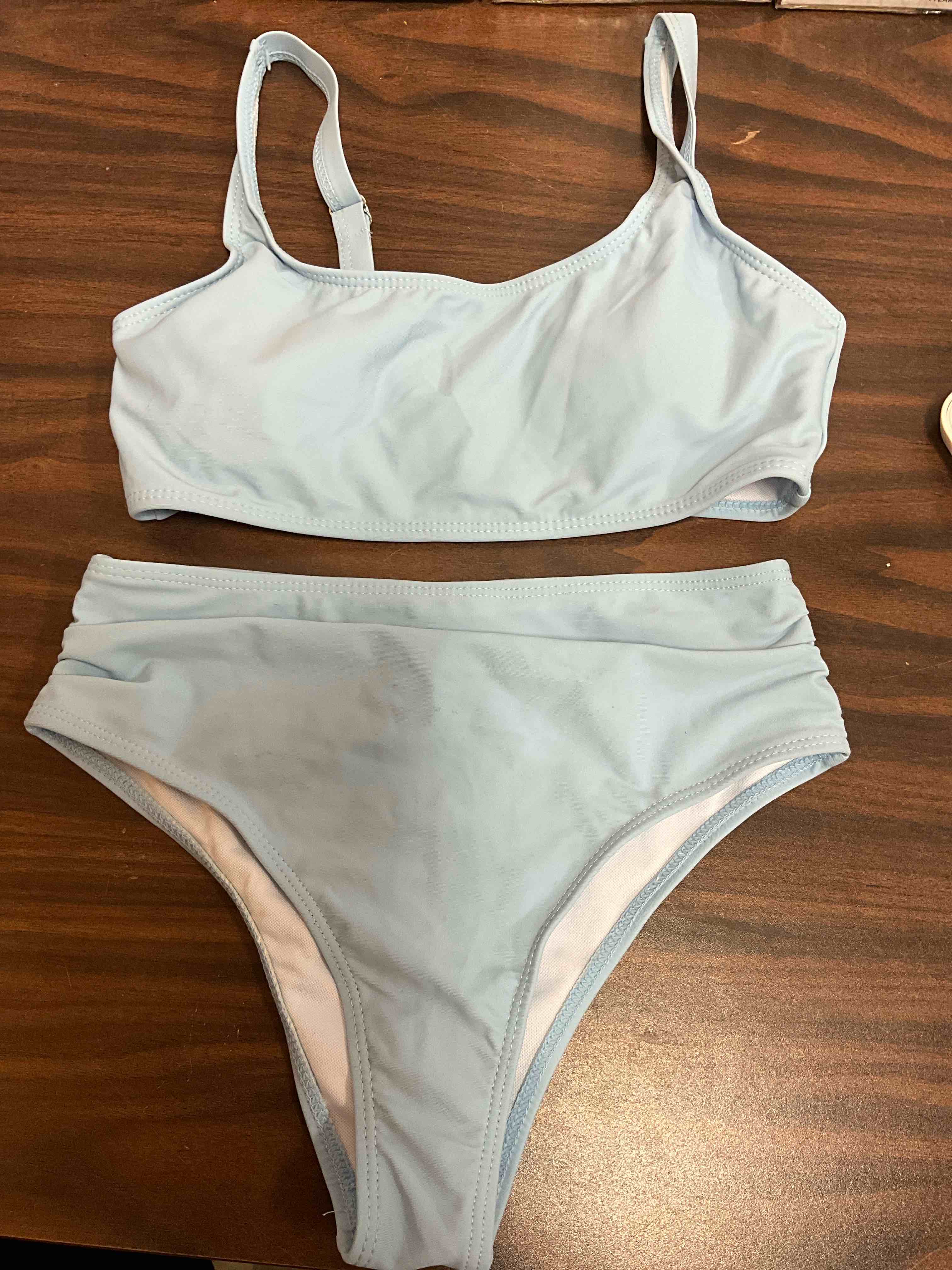 Condition photo showing New/Like New for xx-small/ x-small. light blue 2 piece swimsuit sport high waist teen bikini set bathing suit swimwear