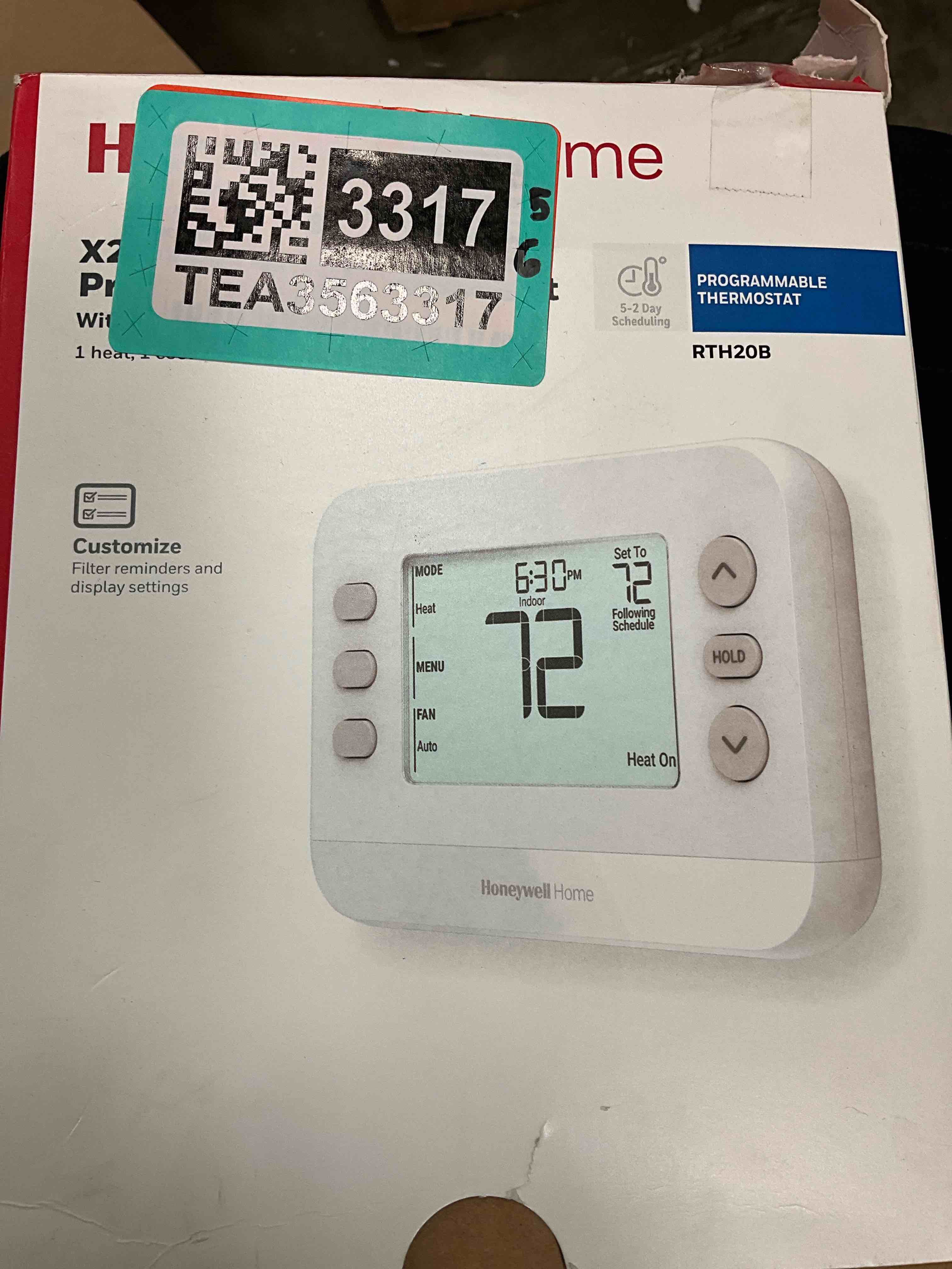 Condition photo showing New/Like New for new! honeywell home programmable thermostat, single-stage, 1 heat/1 cool compatibility, 5-2 day schedule, x2p, white, rth20b