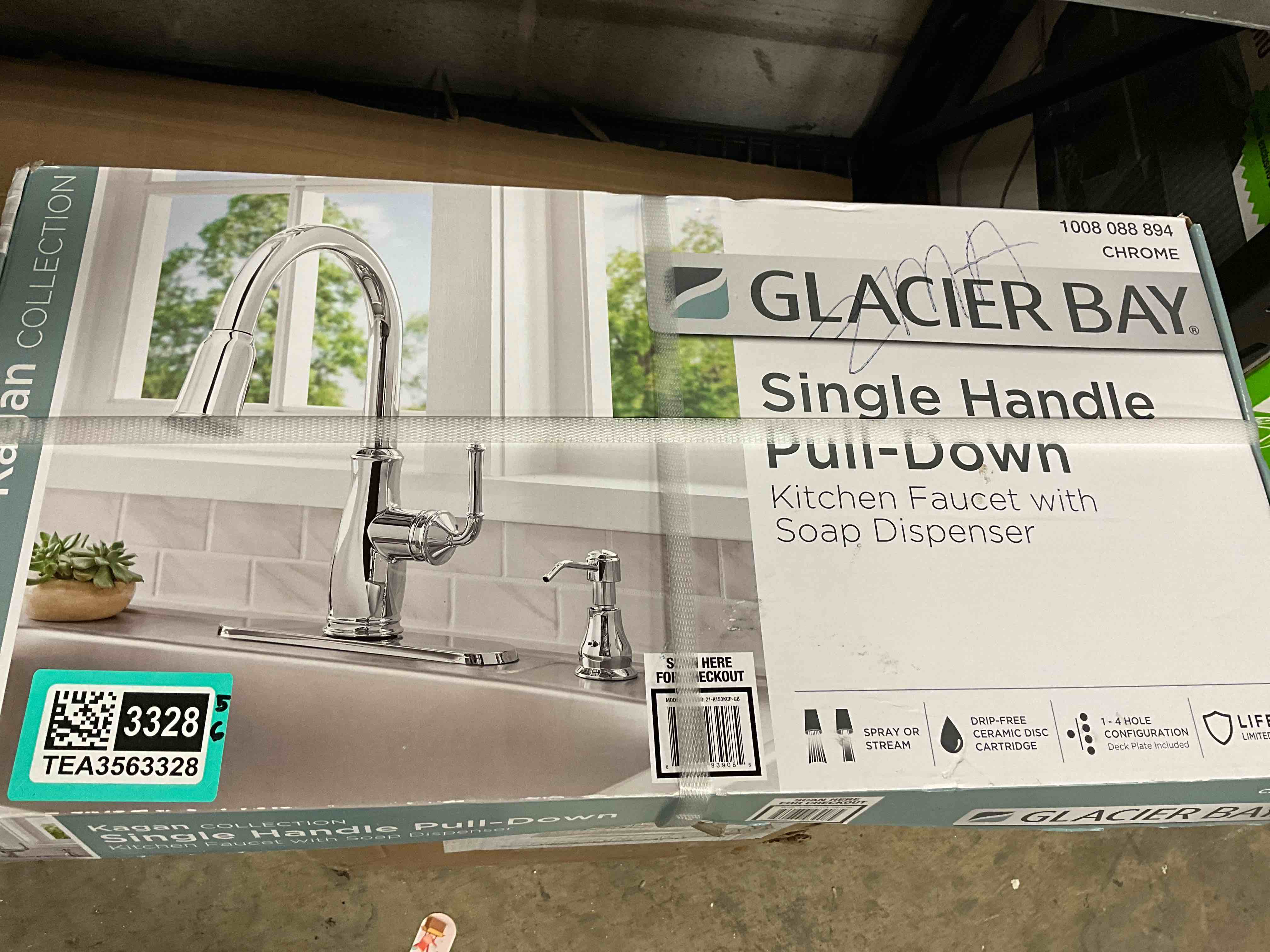 Condition photo showing New/Like New for glacier bay calandine single-handle pull-down sprayer kitchen faucet with soap dispenser in spot resist stainless