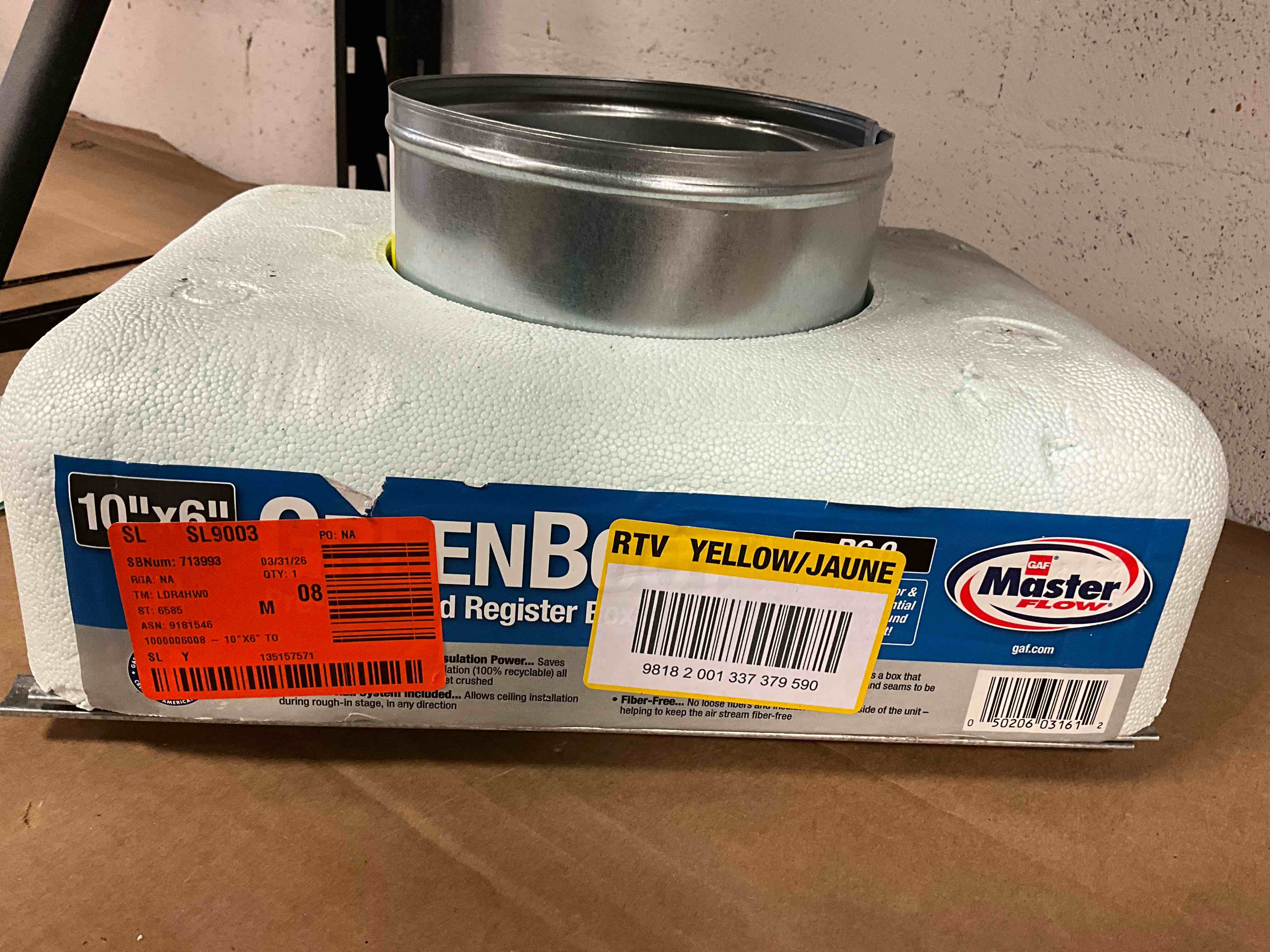 10x6x6 DucTite® Register Box designed for HVAC applications, pre-insulated with an R-6 value insulation