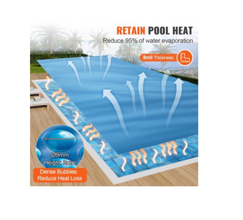 Previously Owned. Solar Pool Cover, 28 x 14 ft Rectangle Solar Blanket for Pools, Inground Above Ground Swimming Pool Solar Cover, 8 mil Solar Covers Blue