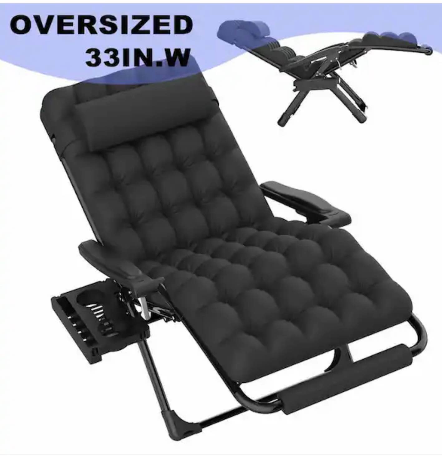 33 in. w metal zero gravity lounge chair outdoor patio lounge reclining chair with black cushion 500 lbs. capacity