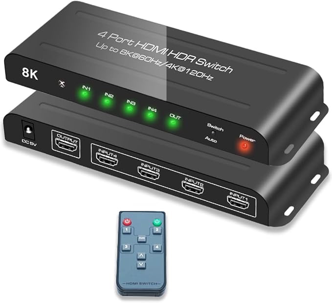 SkycropHD HDMI 2.1 Switch 8K@60Hz 4K@120Hz 4 in 1 Out HDMI Auto Switcher with Remote Support 48Gbps, HDR10+, HDCP2.3, Dolby Vision/Atmos and CEC