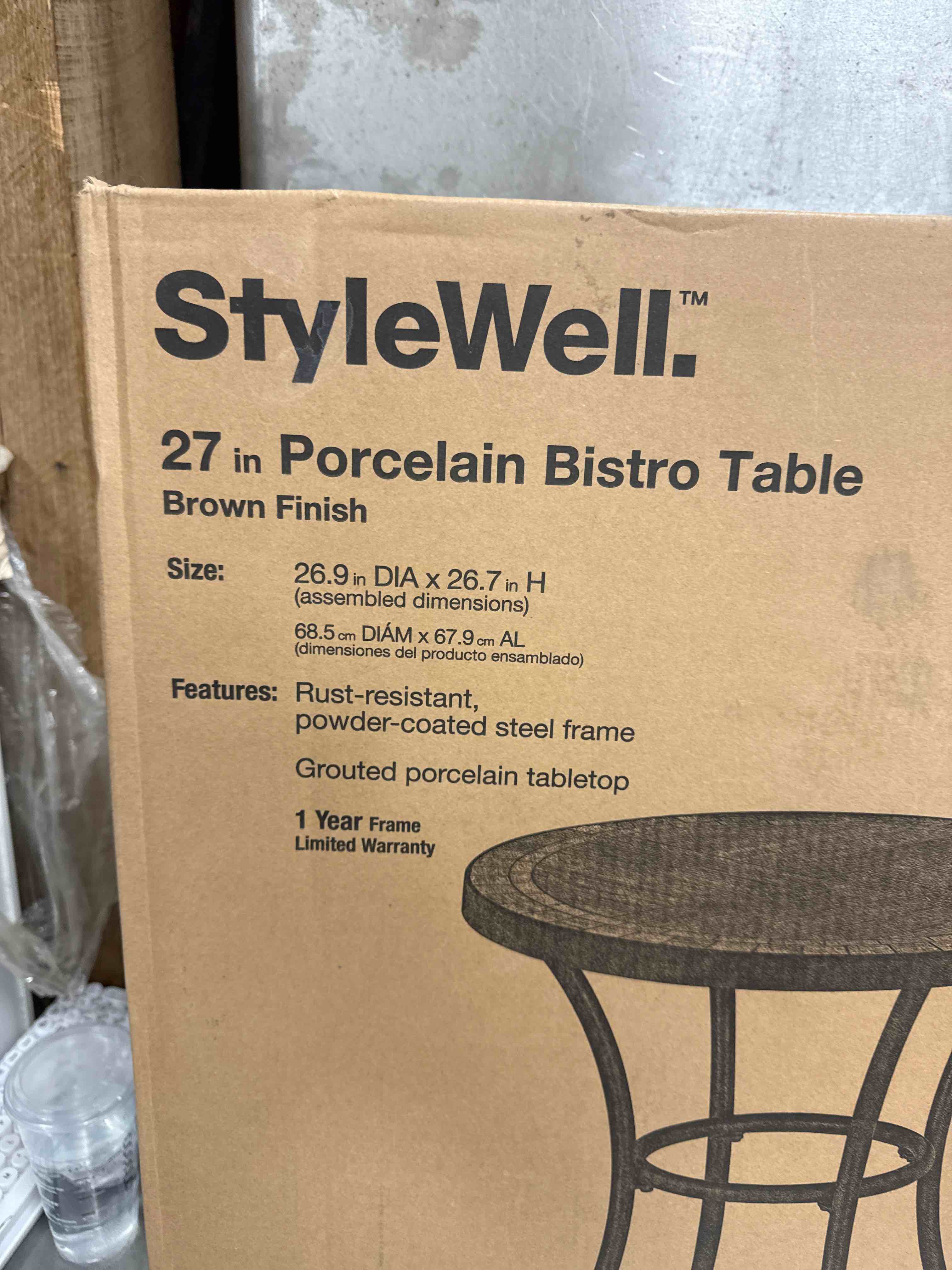 27 in. Brown Round Metal Outdoor Side Table with Grouted Porcelain Top