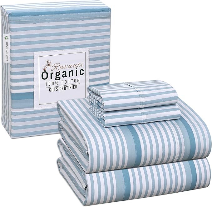 RUVANTI 100% Organic Cotton King Size Sheets Set, 4 Pieces, Soft & Breathable Percale Weave Bedding, Deep Pocket 16", Hotel Standard, Crisp Cool Feel, Durable, Striped Sheet Sets, Nautical Stripes