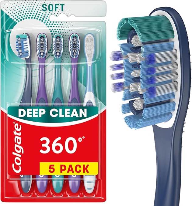 Colgate 360 Whole Mouth Clean Toothbrush, Adult Soft Toothbrushes, 5 Pack, Multicolored
