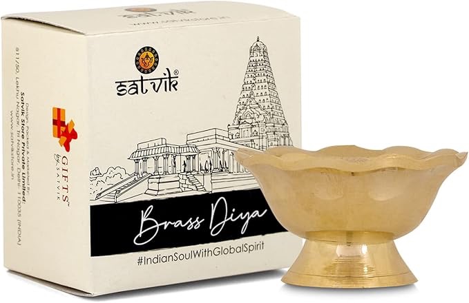 Satvik Pure Brass Diya for Pooja Tibetan Buddhist Altar Supplies Oil Lamp Indian Puja Kutthu Vilakku Deepam Meditation Offering Butter Lamp Tea Light Holder Indian Housewarming Return Gifts