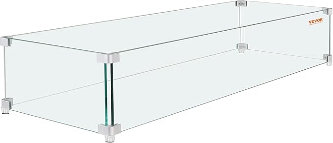 VEVOR Fire Pit Wind Guard, 38 x 10.5 x 6 Inch Glass Wind Guard, Rectangular Glass Shield, 0.3" Thick Fire Table, Clear Tempered Glass Flame Guard, Steady Feet Tree Pit Guard for Propane, Gas, Outdoor