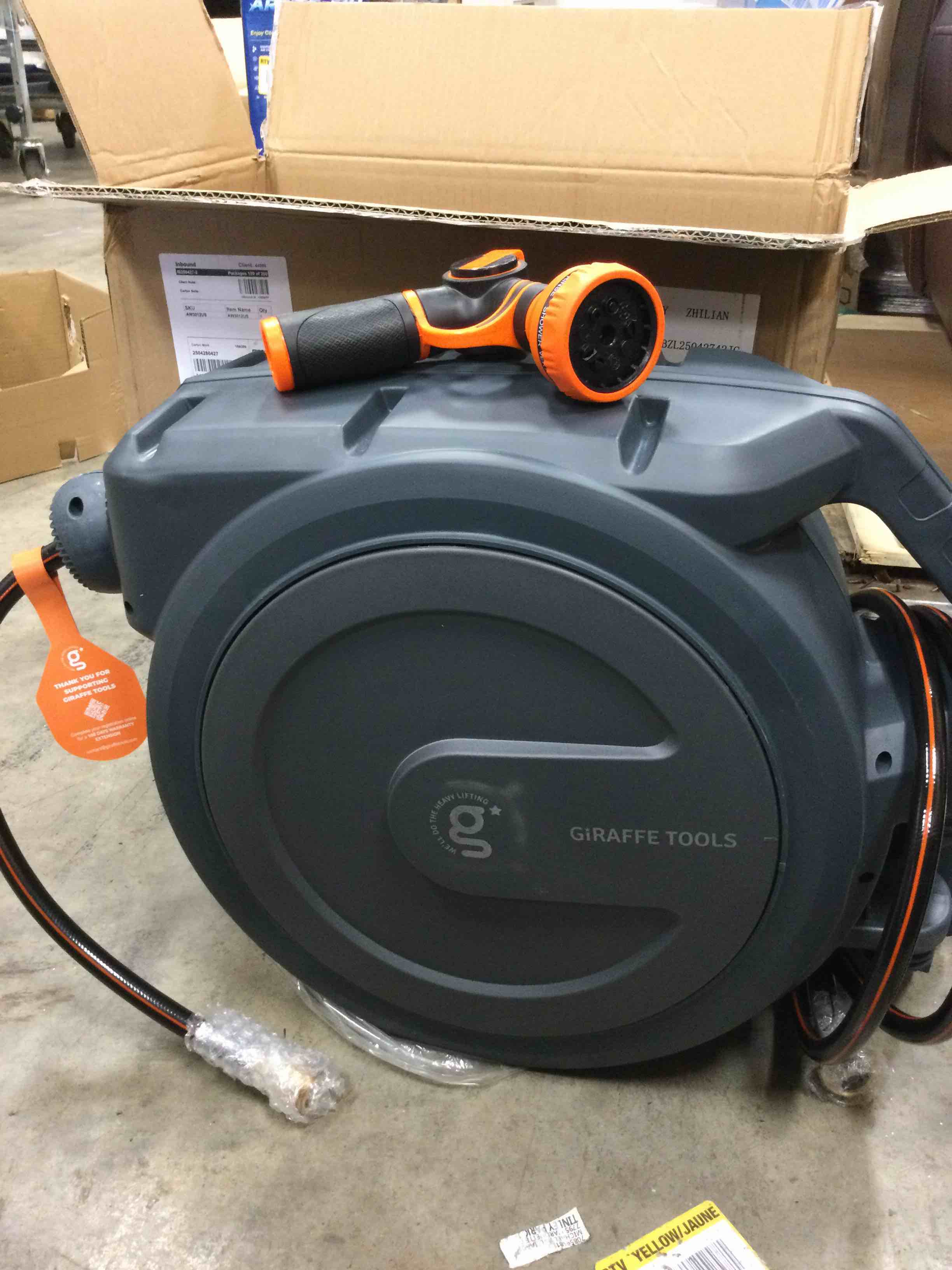 Giraffe Tools AW30 1/2MB Retractable Garden Hose Reel 1/2" x 100 ft PRO Metal Bracket, Heavy Duty, Any Length Lock Hose Reel, 100 ft, Dark Grey