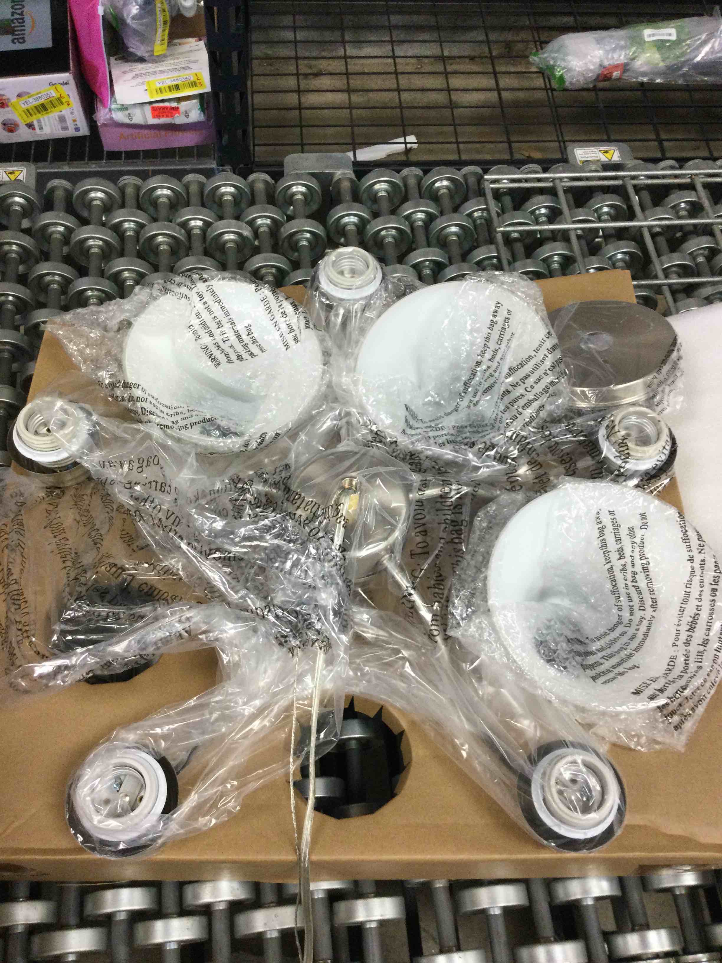 (missing 2 light shades see photos) Hampton Bay Kensley Park 5-Light Classic Traditional Brushed Nickel Hanging Candlestick Chandelier with Frosted White Shade