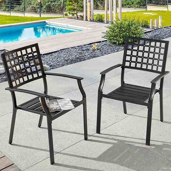 NUU GARDEN Patio Dining Chairs Set of 2, Stackable Outdoor Dining Chairs with Armrest, Wrought Iron Metal Chairs Patio Chairs for Backyard Lawn, Deck, Poolside, Porch, Bistro, Black