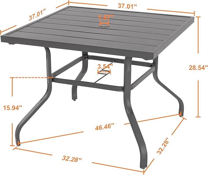 NUU GARDEN 37  Outdoor Patio Table  4 Person Steel Slat Square Dining Table with 1.57  Umbrella Hole  Slatted Top and Powder Coated Iron Frame  Black