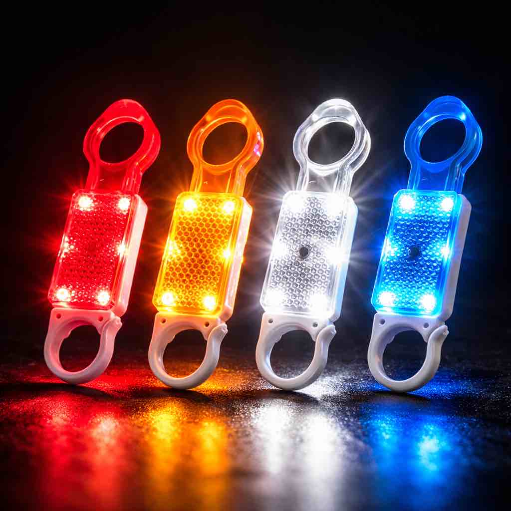 Bright, clip-on LED keyring safety lights in red, orange, white, and blue that illuminate for high visibility, making them perfect for bikes, strollers, backpacks, pets, and nighttime activities.