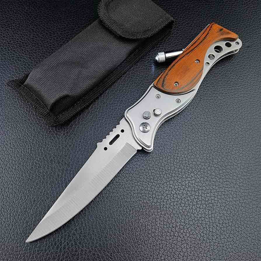 Tactical Hunting Folding Knife With Miniature Flashlight, Stainless Steel Blade, Wooden handle, Speed Safe Assisted Opening Men's Knives Outdoor Survival