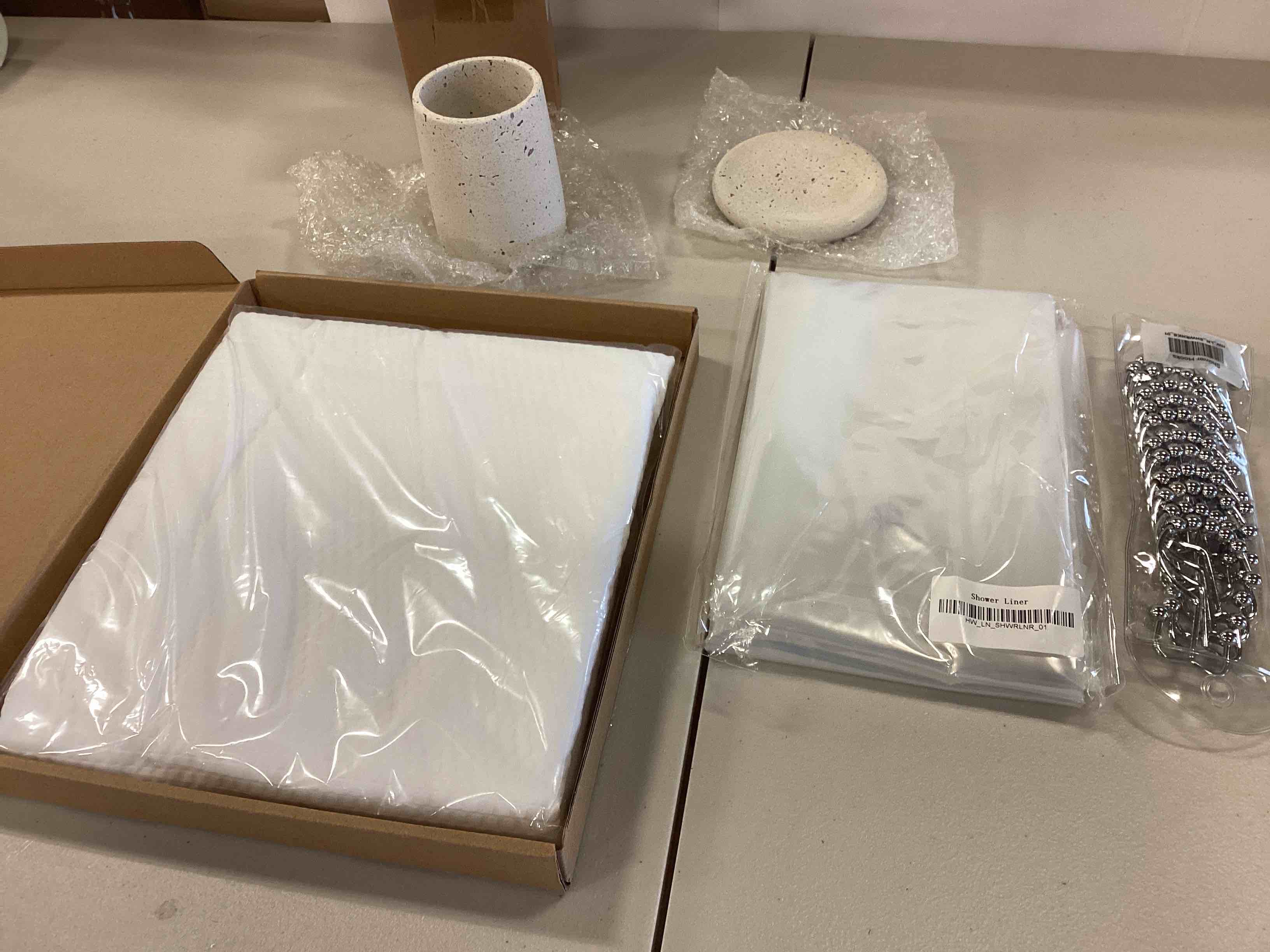 Bathroom Set - Soap Dish, Toothbrush Holder, Shower Curtain And Liner, And Curtain Hooks! 