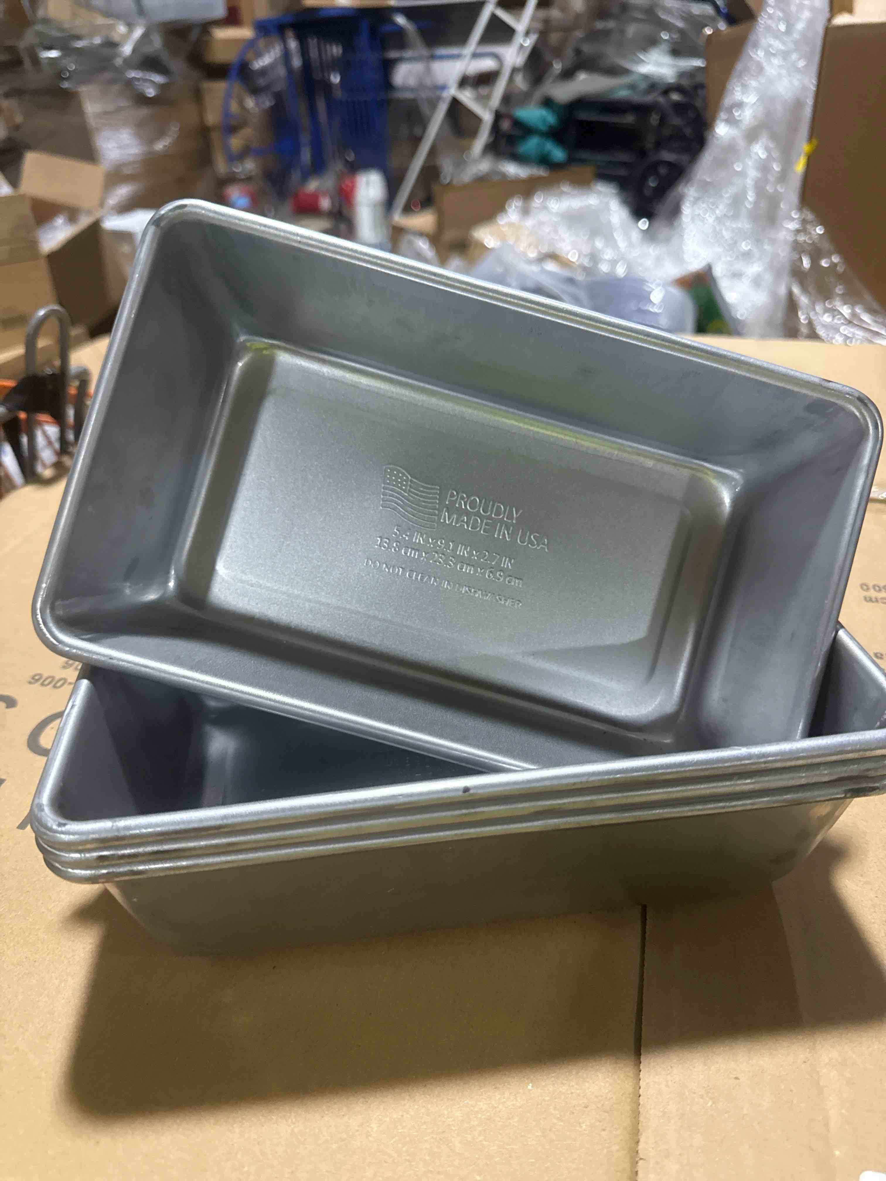 Condition photo showing New/Like New for set of 4 heavy-duty usa-made metal loaf pan set | bread, cake & meatloaf baking pan