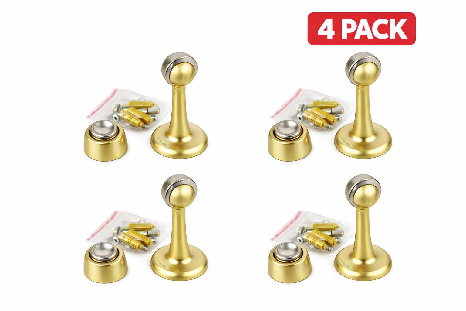 Pack of 4 sleek gold magnetic door stopper set that securely holds doors open while protecting walls, complete with mounting hardware for easy installation.