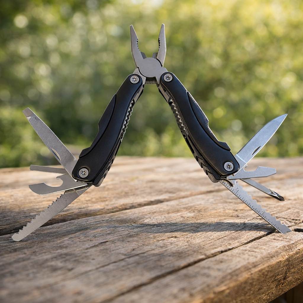 Compact all-in-one multi-tool with pliers, knife, saw, and essential tools, complete with a durable carrying case for everyday carry and outdoor adventures.