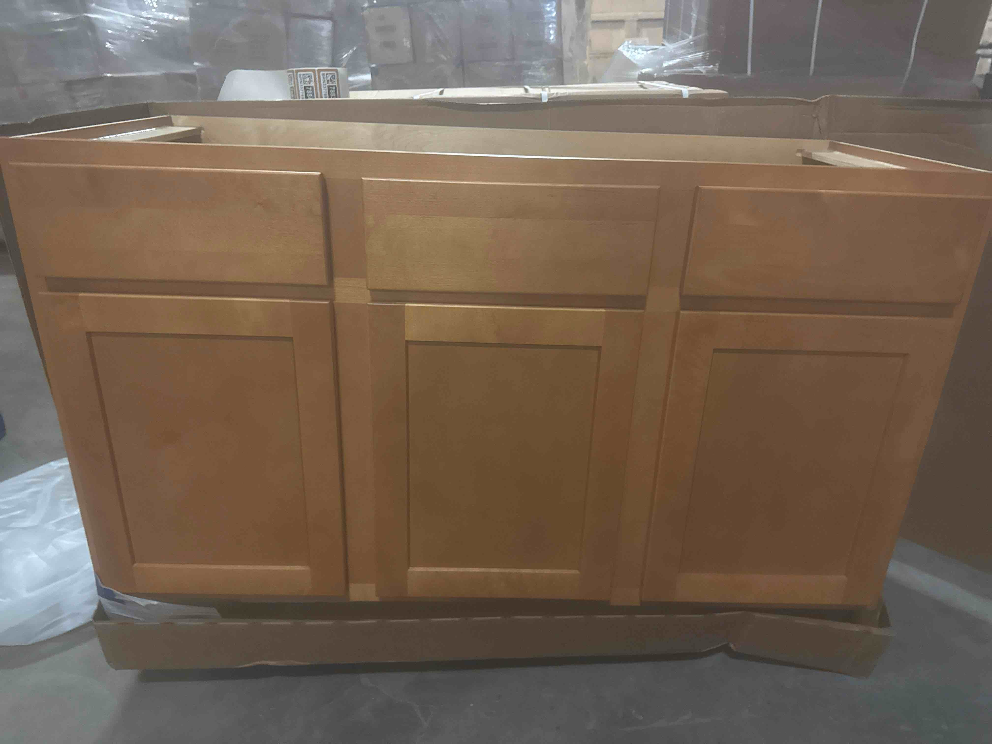 54” vanity base cabinet in caramel 3 door 2 drawer 54”x21”x34.5”