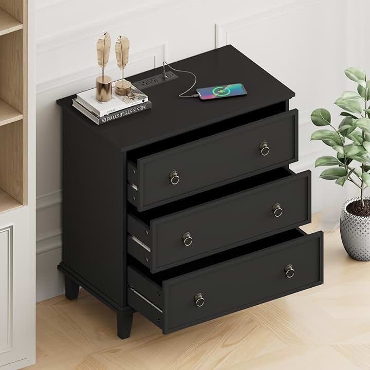 3-drawer, nightstand and black