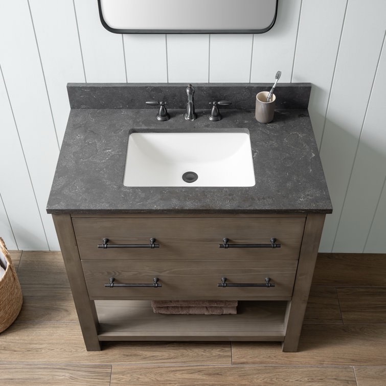 Layana 36'' Single Bathroom Vanity, Rustic ash wood Single bathroom vanity with matte black handles, 2 Soft Close Drawers, 2 False Drawers, 1 open shelf, and smoky grey limestone sink top. 34'' H X 36'' W X 22'' D