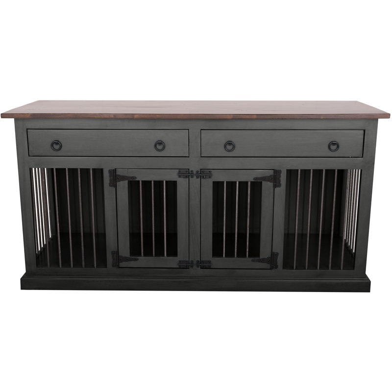 Traditional Pet Crate Credenza with Drawers, Feet Added. Antique 2 Small Dog Kennel with 2 Drawers, Black with Brushed gold, iron bars, antique open handles, and wood top. Small (30" H x 64" W x 24" D)