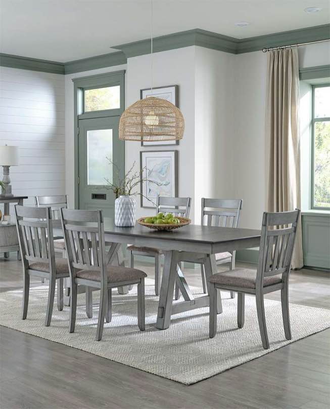 LIBERTY FURNITURE - NEWPORT 7 PIECE TRESTLE TABLE SET, Grey 7 Piece Dining Set, 6 Upholstered Farmstyle Chairs, Grey Wooden Dining Table 40W x 94D x 30H