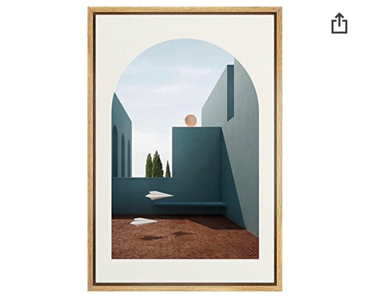 Framed Canvas Print Wall Art Arch View Exterior with Paper Planes & Sun Geometric Shapes Illustrations Modern Art Modern Scenic Colorful Ultra for Living Room, Bedroom, Office - 24"x36" Natural