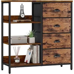 Furologee Fabric Dresser with 4 Drawers and Side Shelf,Industrial Lightweight Storage Unit Organizer for Entryway, Bedroom, Nightstand, Office, Kitchen (Rustic Brown)