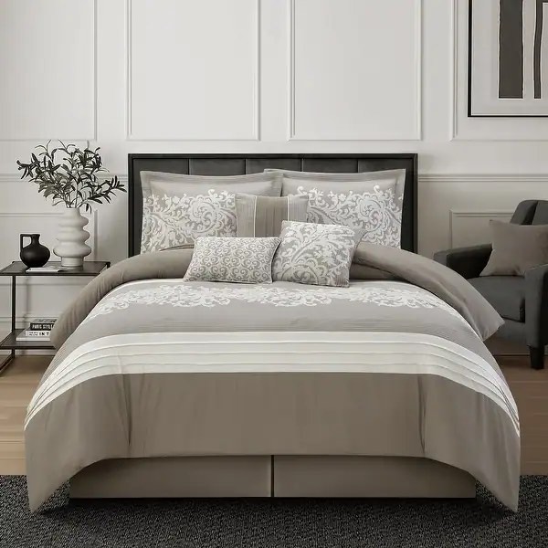 Nanshing Salem Damask Jacquard 7-Piece Comforter Set - Camel/Taupe - Queen