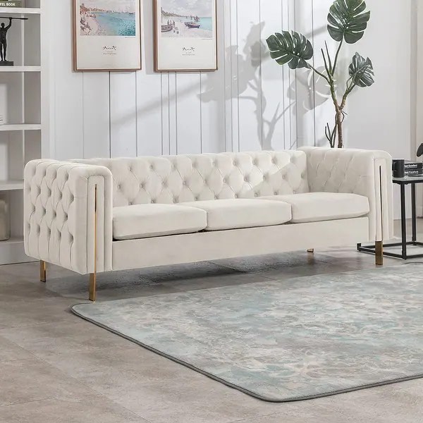 Mixoy Modern Living Room Sets, Velvet Upholstered Chesterfield Sofa, Deep Button Tufting with Rose Metal Sofa Legs - Beige
