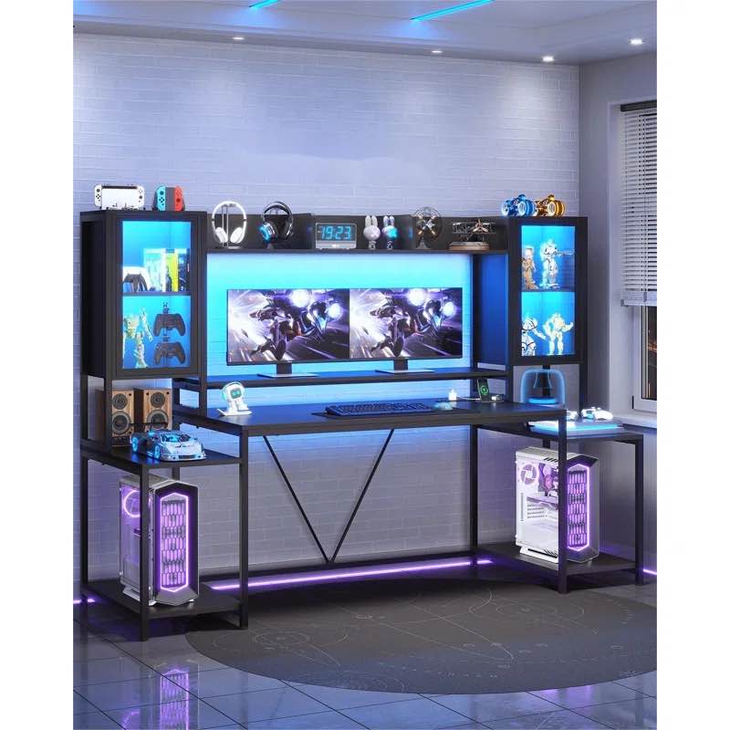 Gaming Desk 74.8'' With Led Lights, Hutch And Storage Shelves, Computer Desk With Monitor Stand, Large Pc Gamer Desk Workstation, Ergonomic Gaming Table For Bedroom, Living Room