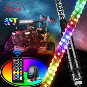 Nilight 2PCS 4FT RGB LED Whip Light, Remote & App Control w/DIY Chasing Patterns Stop Turn Reverse Light Safety Antenna Lighted Whips for ATV UTV Polaris RZR Can-am Dune Buggy Jeep
