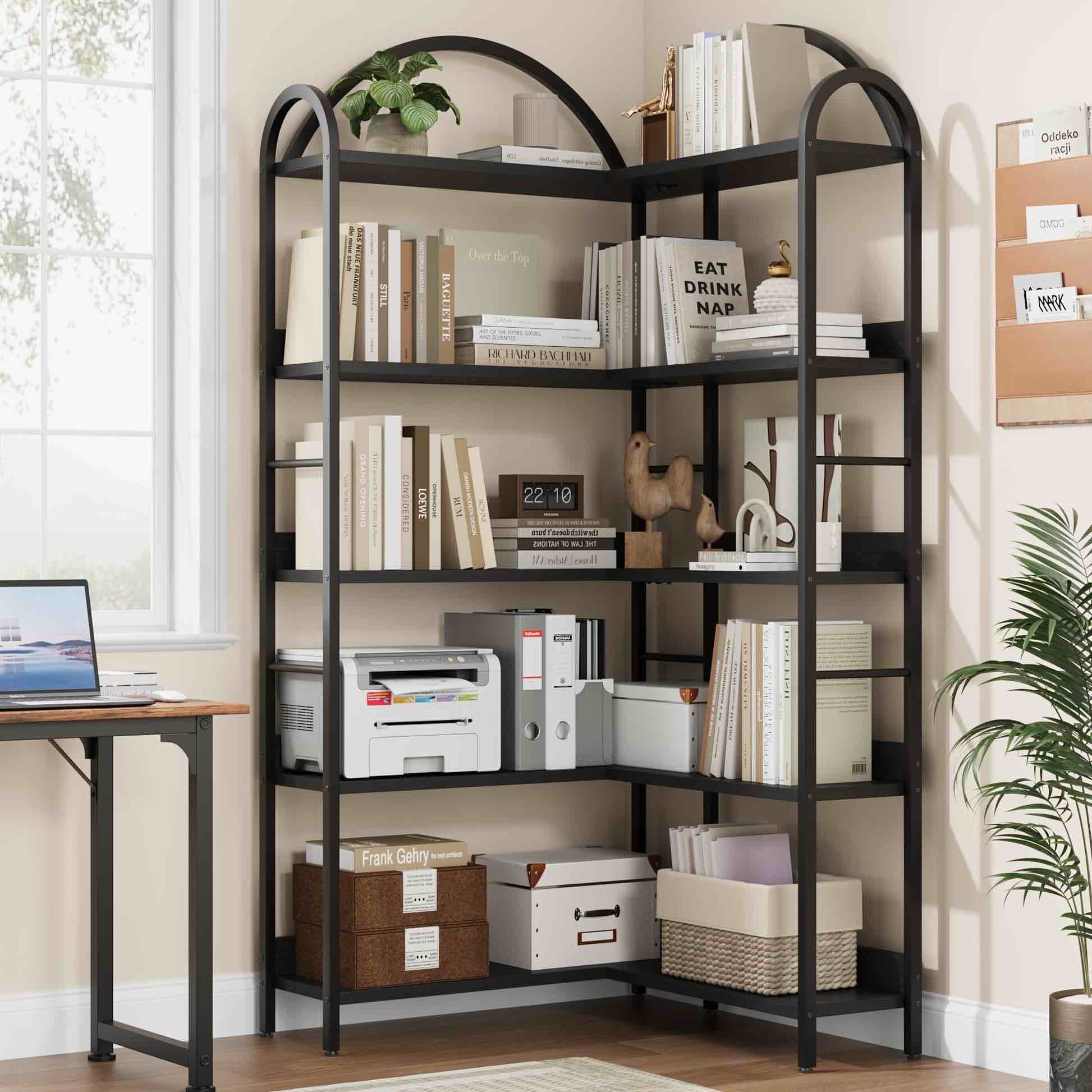 Corner Bookshelf Industrial Bookcase, L Shaped Bookshelf Arched 5 Tier Corner Shelf, Large Bookshelf with Metal Frame, Etagere Shelf Corner Display Rack for Living Room Bedroom