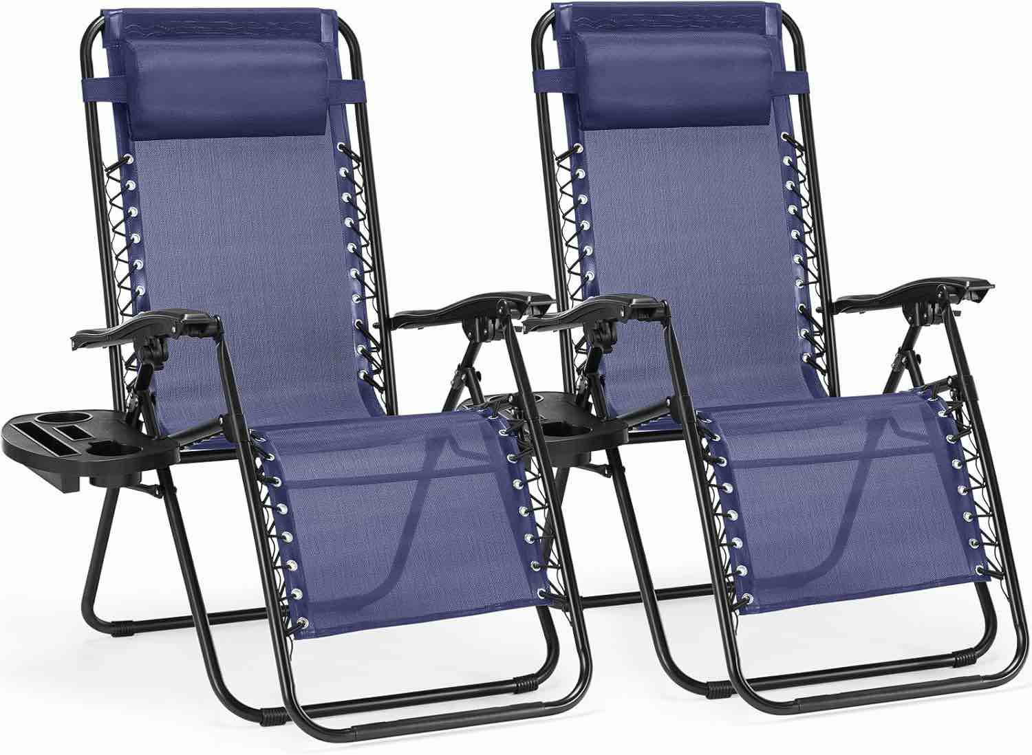 Zero Gravity Lounge Chair Set of 2, Adjustable Folding Mesh Outdoor Reclining Camping Chair w/Pillow & Cup Holder Trays for Lawn Patio Pool Beach, Blue/2-Pack