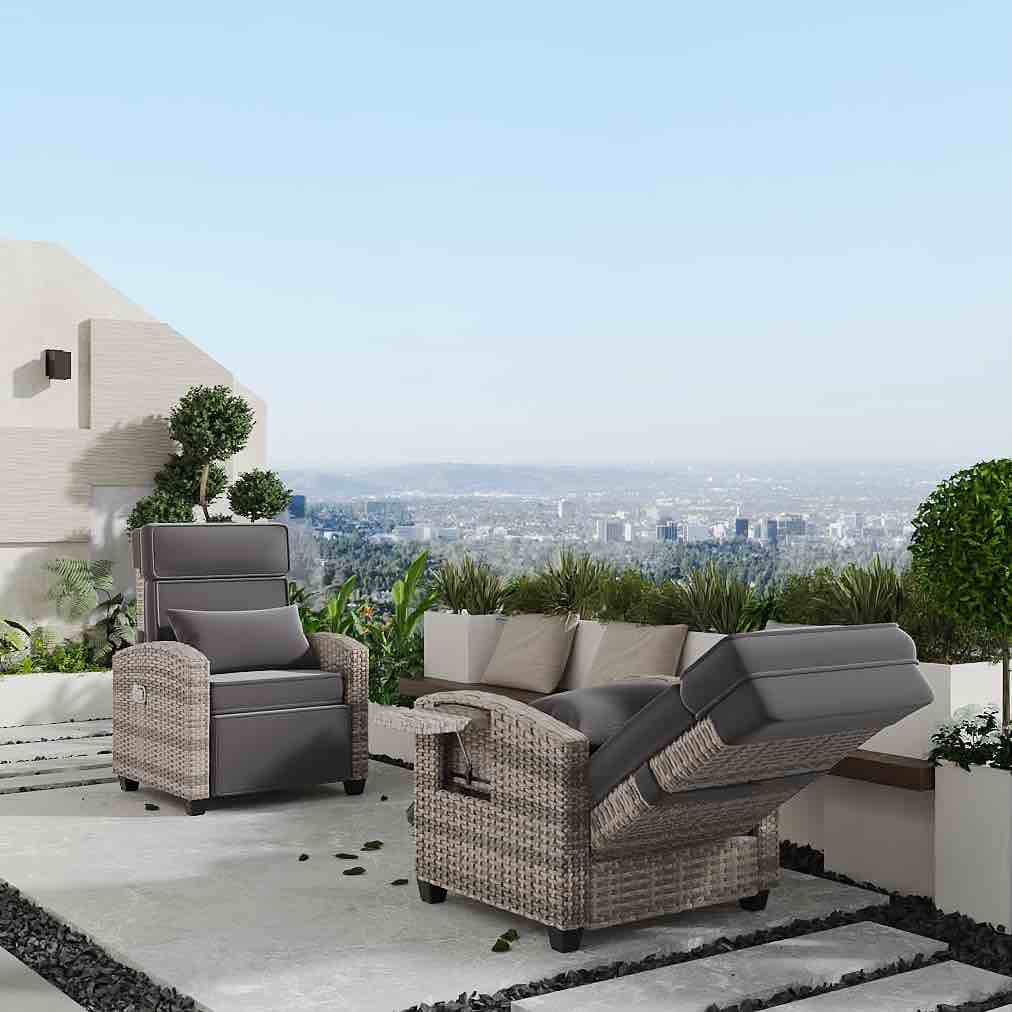 GARVEE Outdoor Adjustable PE Rattan Recliner Chair with Flip-Up Side Table 150° Lay Flat All-Weather Steel Frame Gray Cushion Patio Lounge Chair for Garden Poolside Balcony in Gray and White Gradient